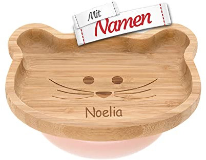 LÄSSIG Kinder & Baby Teller mit Namen personalisiert (Gravur), Bambus Kinderteller mit Saugnapf/Rutschfest, Kindergeschirr Geschenk zur Taufe, Kleinkind Essteller/Babyteller (Maus)