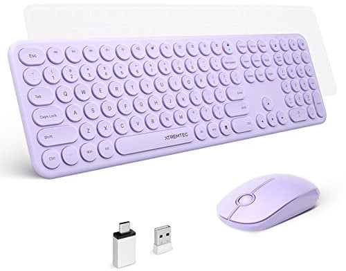XTREMTEC 2.4G Full Size Wireless Keyboard and Mouse Combo - Ultra Slim Silent Cute Keyboard with USB Receiver for Windows, OS, PC, Desktop, Mac, Tablet US Layout(Lavender Purple)