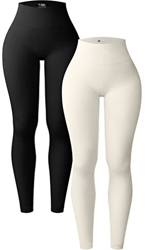 OQQ Damen 2 Stück Yoga Leggings Gerippt Nahtlos Workout Hohe Taille Athletic Pants, Schwarz/Beige, Groß