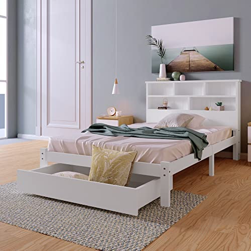 ModernLuxe Bett 90x200cm/140x200cm Massivholz Einzelbett/Doppelbett mit Schubladen und Bücherregal, Kinderbett mit Lattenrost fur Jugendliche und Erwachsene