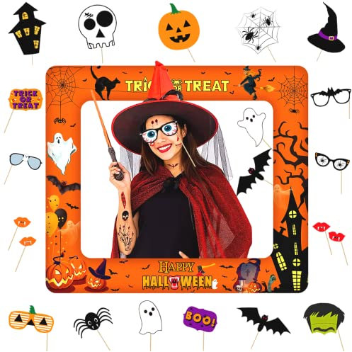 POPOYU 23 Stück Halloween Foto Requisiten,Halloween Party Aufblasbarer Fotorahmen mit 22 Stück HalloweenFotobox Accessoires,Selfie Rahmen Aufblasbarer Bilderrahmen für HalloweenPhoto Frame Set