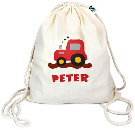 Bio Turnbeutel mit Namen personalisiert & Bedruckt | Motiv Traktor | Stoffbeutel Schuhbeutel Sportbeutel Wäschebeutel Rucksack für Kinder Jungen & Mädchen | inkl. NAMENSDRUCK