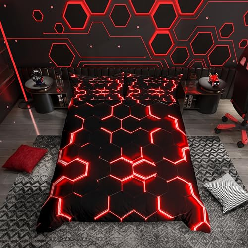 Loussiesd Rot und Schwarz Gedruckter Bettbezug König Größe Jungen Hexagonal Bettwäsche Set Kinder Teens Neon Glitzer Waben Dekor Komfortabler Bezug Bienenkorb Simplistisch Geometrisches Bett Set 3