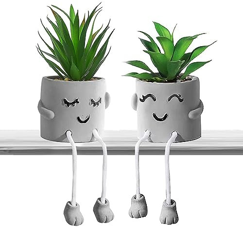 2 Pack Artificial Potted Plant Fake Succulents Plant with Hanging Leg, Emotional Cement Cute Faux Succulents Potted Plants Decor for Home Office Bookshelf Bathroom Living Room Table Desk Shelf