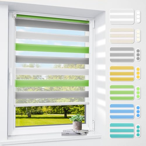 Doppelrollo klemmfix ohne Bohren & mit Bohren, 100x120cm (BxH) Weiß Grau Grün, 3-in-1 Duo Rollo für Fenster & Tür, Fensterrollo innen lichtdurchlässig & verdunkelnd, Klemmrollo Rollos
