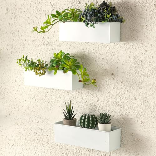 LaLaGreen Wand-Pflanzgefäß für Zimmerpflanzen (3 Stück, 40,6 cm) große Wandhalterung, Pflanzgefäße für Sukkulenten, weißer rechteckiger Metall-Blumentopf, lange Fensterbank, Zaunschiene, Balkon,