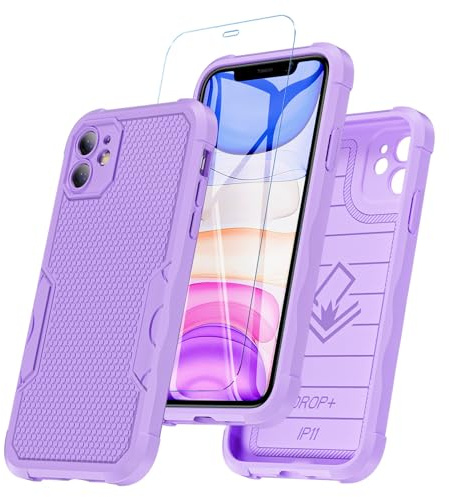 Hensinple Hülle für iPhone 11, Handyhülle iPhone 11 mit HD Displayschutz-Glas Stoßfest Militärstandard FallSchutz Robust Hülle iPhone 11 6,1 Zoll Stoßdämpfung an Vier Ecken iPhone 11 Case (Violett)