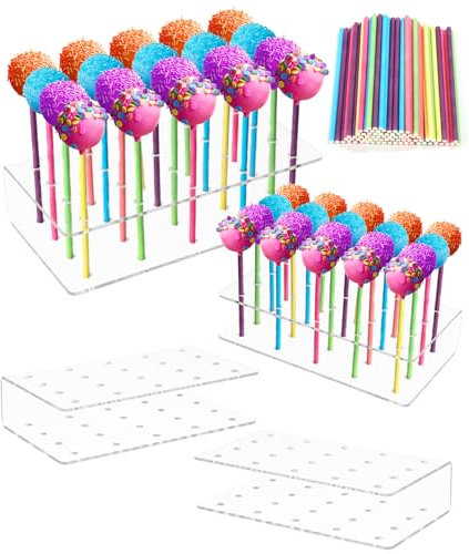 FAOKZE 4 Pieces Cake Pop Stand with 100 Colour Cake Pop Sticks, 20 Holes Lollipop Holder, Cake Pop Holder Stand, Lollipop Holder, Lollipop Holder for Wedding (colorful2, 22.50 × 17.00 × 5.00 cm)