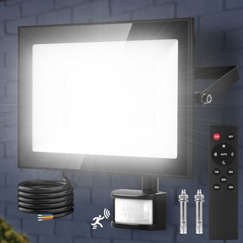 Viugreum 100W Faretto LED per Esterno con Sensore di Movimento 10000LM Bianco Freddo Faro LED Esterno IP65 Impermeabile LED Spotlight con Telecomando e Timer per Giardino Garage