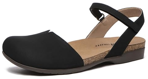 Athlefit Women's Closed Toe Sandals Comfort Cork Footbed Arch Support Flat Sandals Black Size 8.5
