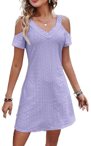 BAWUTZ Robe de soirée Sexy pour Femme, Robe T-Shirt à Volants, col en V, Robe d'été pour Femme à Manches Courtes, col en V, Creuse, épaules dénudées, Manches Courtes pour fête (Lila,S)