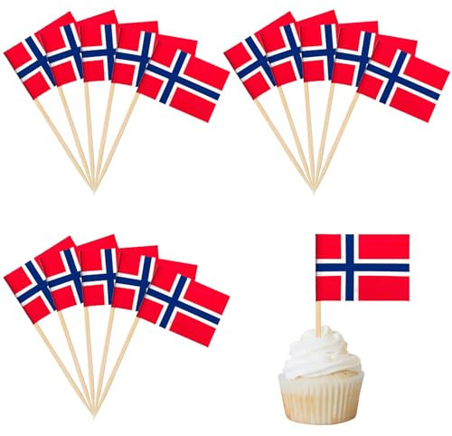 100 Stück Norwegen Cocktail Stick Flaggen,Zahnstocher Flaggen,deko kuchen flagge für Obst Picker Papier Kuchen Topper Sticks,Klein Mini Zahnstocher für Europäische Meisterschaft,Olympische