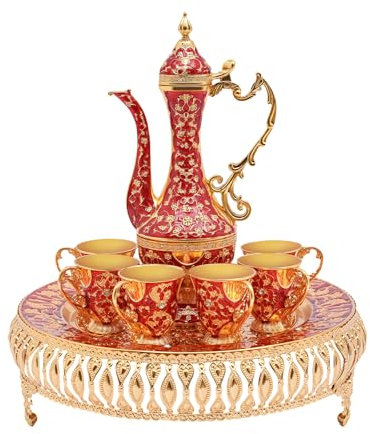 fennnds Juego de cafetera turca vintage de metal, tetera turca vintage y juego de tazas, tetera turca con 6 vasos de té y bandeja, juego de taza de café vintage para fiestas de té en casa (rojo)
