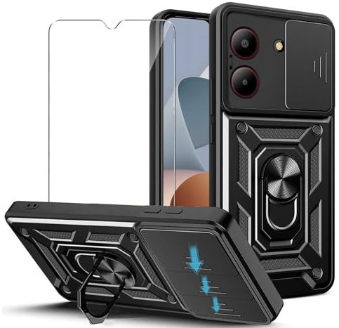 JDXHFF Hülle Kompatibel mit ZTE Blade A54 (6.6) und 1 x Panzerglas Displayschutzfolie - Weiche TPU und Hart PC Silikon Tasche Schutzhülle mit 360 ° Grad Ring Ständer Case Schwarz