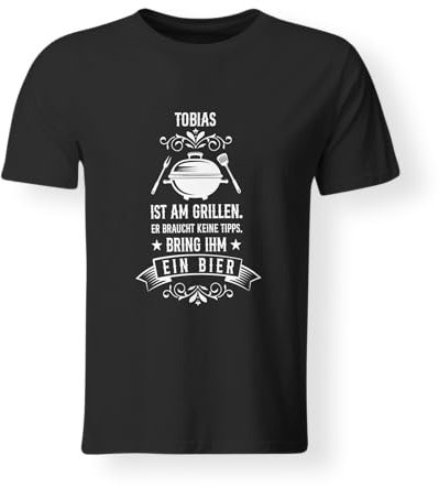 LIEBTASTISCH Personalisierbares Grill-T-Shirt | [Name] ist am Grillen. Er braucht Keine Tipps. Bring ihm EIN Bier | Ideal für BBQ-Partys (XL-Schwarz)