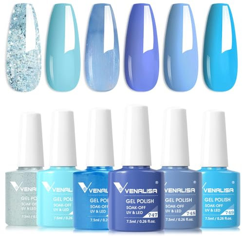 VENALISA UV Gel Nagellack 6 Farben Glitzer Blau Dunkellila Purpurrot Gel Nagellack Set Gel Nail Polish für Nägel DIY Nail Art Maniküre Salon Nagel Gelnägel Set mit Geschenkbox Maniküre Set