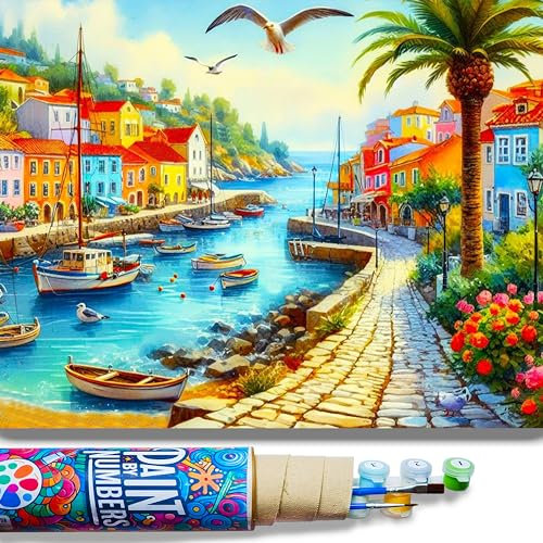 AmadArt Pintar por Números Adultos, DIY Pintura por Números, Kit de Pintura al óleo con Lienzo y Pinceles, Fácil para Principiantes, Regalo Original, 40 x 50cm, Mediterráneo