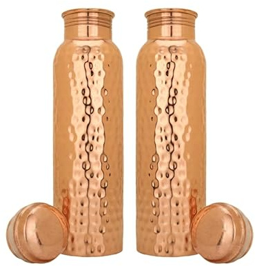 Craft Trade Pack of 2 Copper Water Bottle Pure Copper Bottle with Lid Leak Proof BPA Free Hammered Drinking Bottle for Sport Fitness and Yoga - 1 Litre Natural