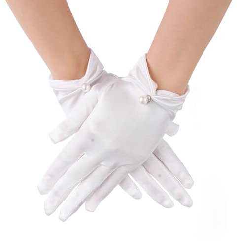Lusofie Weiße Satin Handschuhe mit Perlen Kurze Handgelenklänge 1920er Jahre Weiße Handschuhe Damen Elegant Formelle Oper Hochzeits Empfangskleider Brauthandschuhe Damen Teeparty