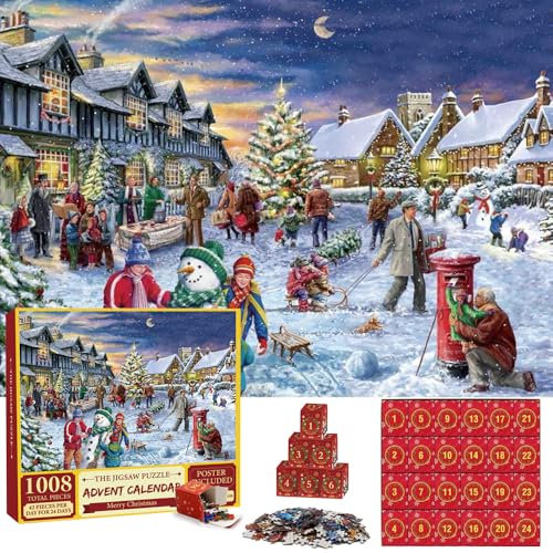 CJBIN Jigsaw Advent Calendar 2024, Christmas Advent Calendar 2024 Puzzles, Countdown Calendar Puzzle, Christmas Countdown Puzzle with 24 Boxes 1008 Pieces, Advent Calendar 2024 for Adults and Kids