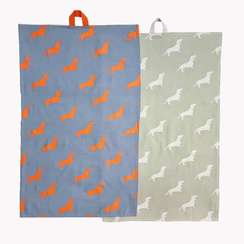 Kera Till Geschirrtuch Set Dackel Dog Doggy Hund Tea Towel (White/orange) ca. 82cm H x 48,5cm B Design Art Print Baumwolle waschmaschinenfähig
