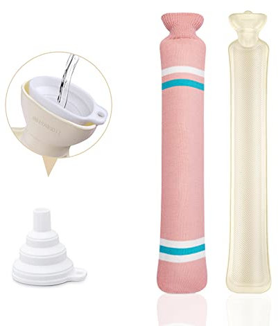 Homewit Wärmeflasche mit Bezug,Lange Wärmflasche Groß,2 Liter Schlauch Wärmflasche 73 x 13cm für Taille und Schulter,Nackenwärmflasche (Rosa Streifen)