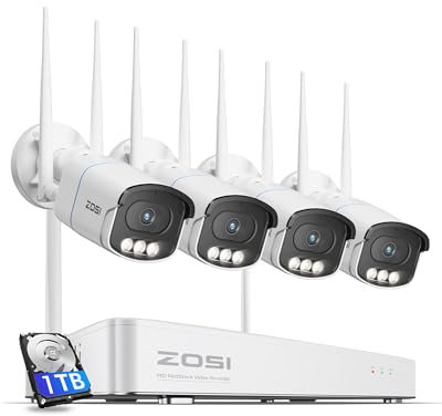 ZOSI 4K Wireless Security Camera System, 8CH 4K NVR with 1TB HDD, 4Pcs 8MP WiFi Security Camera Outdoor, with 2-way audio, AI Detection and Alarm Lights, 24/7 Full-Color Monitoring