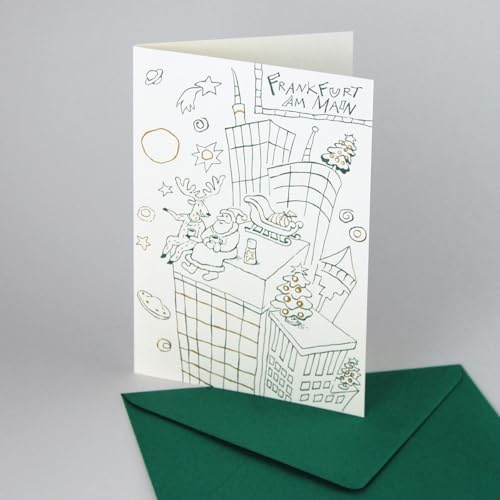 Kettcards Frankfurter Weihnachtskarte: Skyline Frankfurt am Main, Recyclingklappkarte inkl. dunkelgrünem gefüttertem Umschlag B6