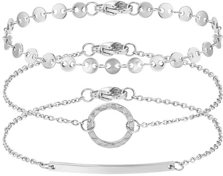 BONNYBIRD® Edelstahl Armband Damen Silber Armbänder Set Armkette Silberarmband Frauen Silbernes Kreis Plättchen Bar Armkettchen Boho Damenarmband Wasserfester Sommer Schmuck Bracelet Silberschmuck