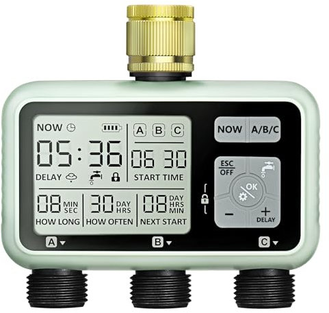 Johgee Computer di irrigazione 3 uscite indipendenti con ingresso in ottone, orologio digitale per irrigazione con ritardo della pioggia, controllo automatico/manuale di irrigazione, timer per