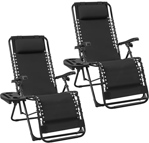 Abician Transat en Textilène avec Plateau Amovible, Lot de 2 Chaise Longue Pliante de Zéro Gravité Inclinable, Fauteuil Relax pour Bain de Soleil Piscine Jardin Terrasse, Charge 114kg Noir