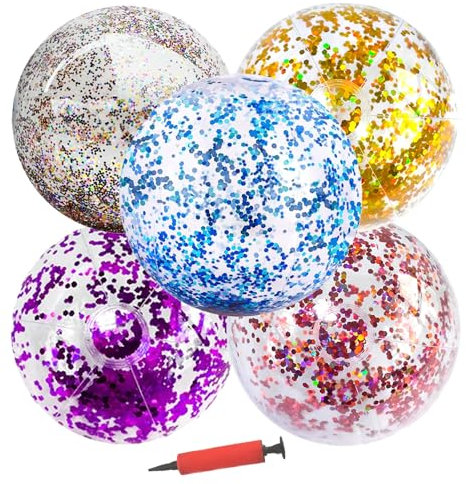 SHJOEE 5 Stück Wasserball Aufblasbar 60cm Inflatable Pailletten Beach Ball Glitter Strandball Sommer Poolball Outdoor Activity Schwimmbad Pool Beach Party Wasserspielzeug für Kinder Erwachsene