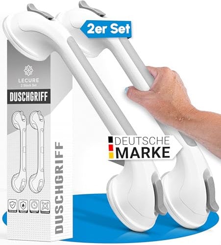 LECURE® Haltegriff Dusche [2 Stück] Ohne Bohren - Extra starker Dusch- & Badewannengriff mit Saugnapf - Ideal für Senioren und Menschen mit körperlichen Einschränkungen [110 kg Tragkraft]