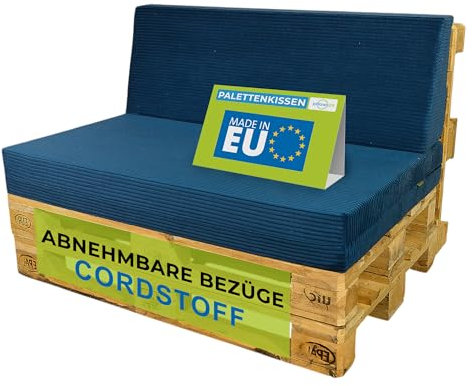 Pillows24 - Palettenkissen 2-teiliges Set aus Cordstoff | Sitzkissen & Rückenkissen für Europaletten 120x80 | Weiche Palettenauflage für Wohnzimmer, Garten oder Balkon | Made in EU | Blau
