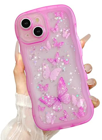 UEEBAI Wave Butterfly Case for iPhone 14 Case, Pretty Bling Star Butterfly for Women Cute Shiny Glitter Phone Cover for Girls Bling Clear Cover Curly Shockproof Girly Shell - Hot Pink