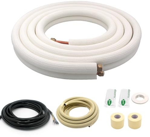 16FT Mini Split Line Set 1/4*3/8 OD HVAC Copper Tube Pipe Extension,3/8 Thickened PE Insulation Coil Air Conditioner Twin Copper Line Heating Equipment Hose with Flared Nuts (16FT (1/4+3/8) with wire)