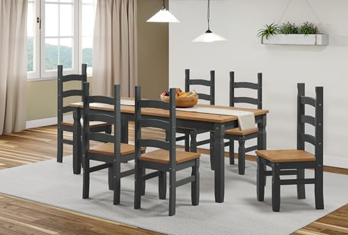 Mercers Furniture Corona Charcoal 6'0 Dining Table & 6 Ladder Back Chairs Set Solid Wood Mexican Pine Wooden Rustic Distressed Painted Dark Grey Kitchen Large Long 6FT 76cm High 182cm Wide 92cm Deep