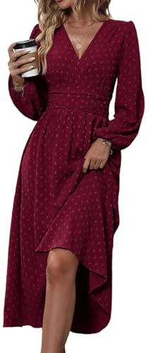 HUXRAKV Casual Wrap Dresses for Women UK Elegante Ladies V Neck Long Lantern Sleeve Ruffled Waist Maxi Party Dress