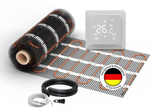 Elektrische Fußbodenheizung für Fliesen: Zweiader-Heizmatte WARMON ULTRA 200 W/m² inkl. Thermostat mit Bodensensor, Thermostat:, Mattengröße:3 m²