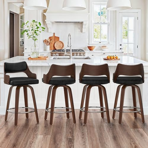 LUE BONA 360°Drehbarer Barhocker 4er Set mit Lehne und Armlehnen,66 cm Hoch–Barstuhl Holz mit 7cm Kunstleder Sitzfläche,Bar Hocker mit 4 Holzbeinen,Moderner Barstuhl für Theke,Schwarz+Dark Walnut