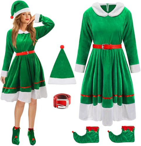Boyigog Elfenkostüm Weihnachtskostüm für Damen Erwachsenen mit Grün Kleid Gürtel Gestreiften Socken Weihnachtsmütze, Grünes Elfenkleid für Weihnachts Cosplay Party Kostüm