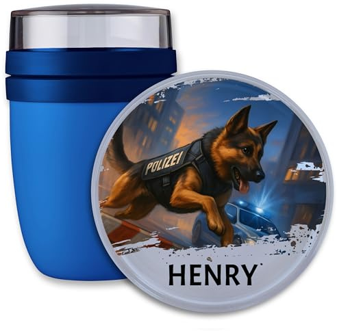 Shirtracer Mepal Müslibecher personalisiert Polizei Hund mit Name | Blau, 300 ml, Einschulung, Schulanfang, Vierbeiner, Polizist, Streife, Blaulicht, to go, spülmaschinenfest, Kindergarten