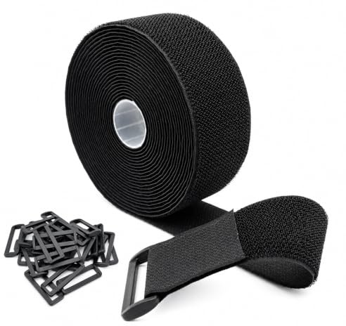 SURFOU Klettband Selbstklebend 6 m × 50 mm mit 30 Schnallen, Zuschneidbarer Wiederverwendbarer Klett Kabelbinder, Verstellbarer Klettverschluss Gurt für Kabel, Schläuche und Rohre (Schwarz)