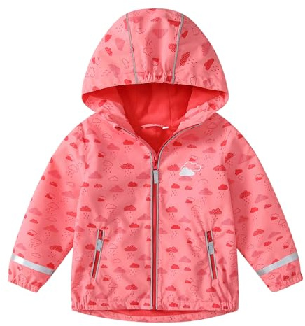 DAWILS Veste Softshell pour Enfant, Manteau Imperméable Garçon, Blouson Coupe Vent à Capuche Fille, Veste Doublure en polaire, Vêtement de Pluie Enfant, 18 Mois, Pluie Nuages Rouge