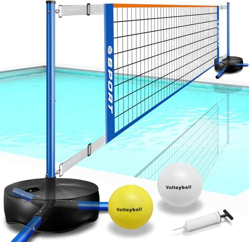 Filet de volleyball de piscine – Système de filet de volleyball portable intérieur/extérieur avec 2 balles de volleyball à eau et base robuste. Longueur réglable de 4,5 à 7,6 m pour filet de