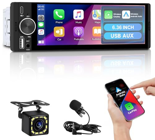 Single Din Bluetooth Car Stereo Compatible with Apple CarPlay Android Auto, 6.36 Inch HD Touchscreen Car Radio, Mirror Link, Reversing Camera Included, FM, USB, SWC, Car Audio Head Unit