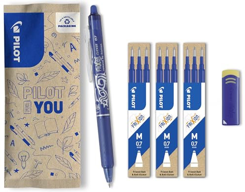 PILOT FriXion Clicker 0.7 – 1 Stift/9 Minen/1 Radierer – Farbe Blau – Radierbarer, nachfüllbarer Gel-Tintenroller mit Druckmechanik und thermosensitiver Tinte, mittlere Spitze