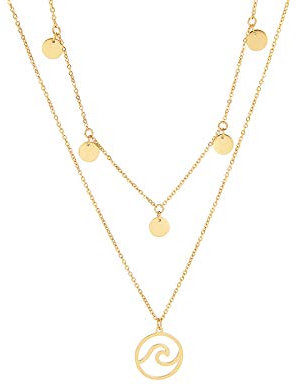 MENDOZZA Damen Hals-Kette Double Layer Petite Collection Wellen Anhänger Edelstahl Collier 18 Karat Damen-Schmuck 5 Coin Wave Gold 46 cm