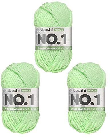 myboshi No.1 Wolle zum Häkeln und Stricken, Schnellstrickgarn, langlebige Mützenwolle, Strickwolle, Häkelwolle, mulesing-frei, 50g, Ll 55m Grün (Minze) 3 Knäuel