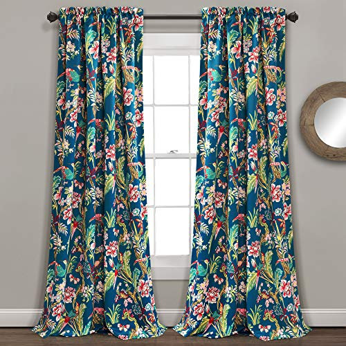 Lush Decor Dolores 2 STK. Lichtfilternde Fensterpaneele, 132 x 213 cm, Marineblau, mehrfabig – Stoffvorhänge – Blumen-Vogeldruck – Grandmillennial & Französischer Landhausstil – maximalistische Deko
